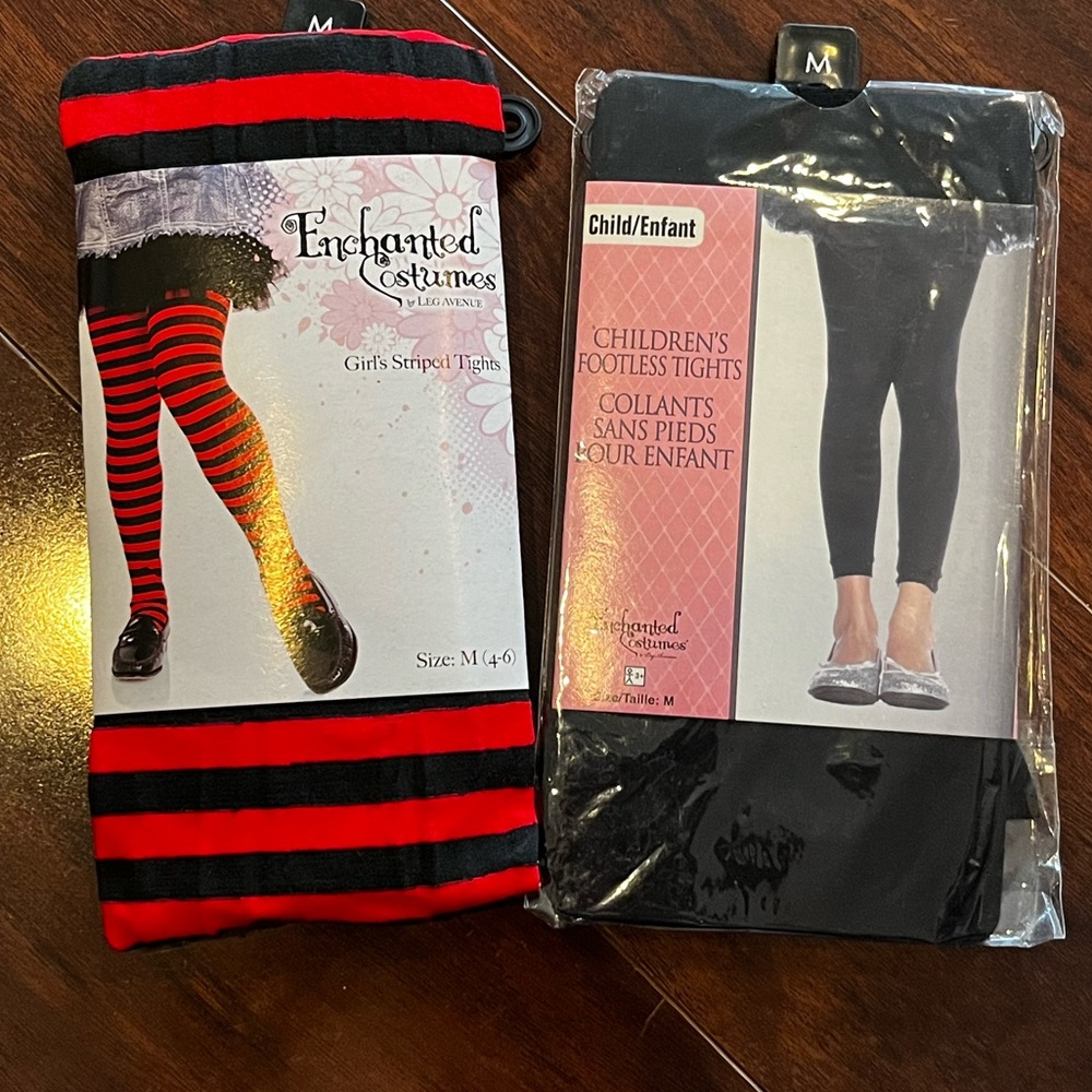 ⭐️NEW - 2 Girls M (4/6) Tights (1) footed red/black stripes & (1) black footless